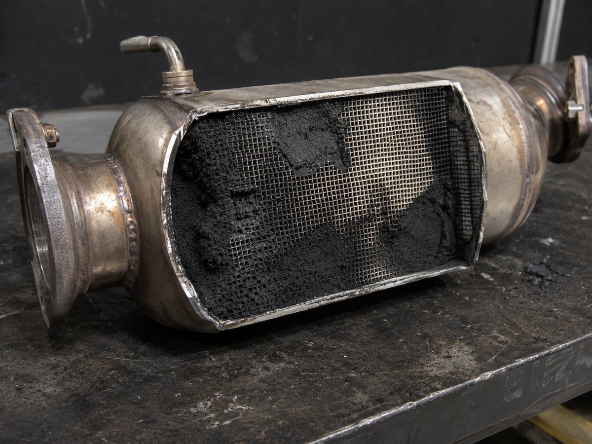 Filtro de partículas diésel (DPF) desmontado y saturado de hollín