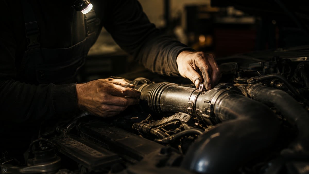 revisar manguitos y admisión de motor turbo con linterna frontal