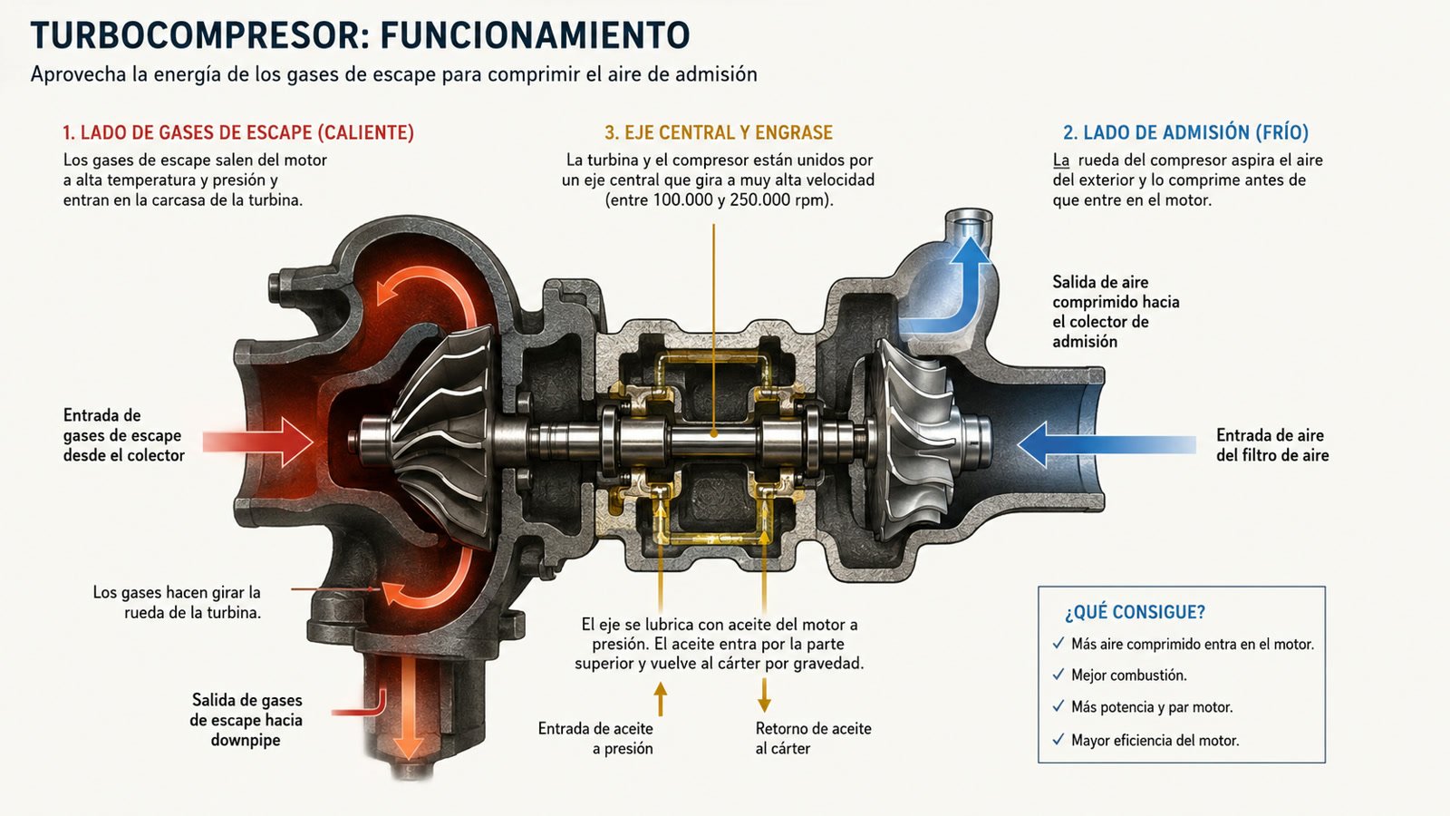 infografía de cómo funciona un turbocompresor y su engrase con aceite del motor
