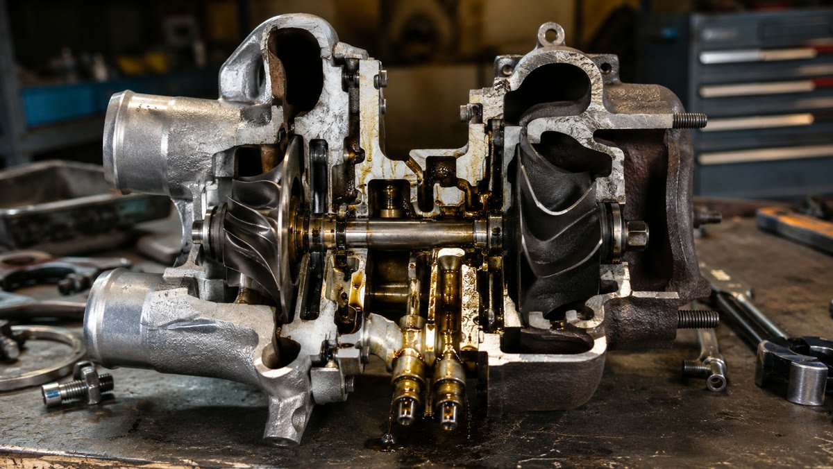 turbocompresor seccionado mostrando el eje y los conductos de engrase