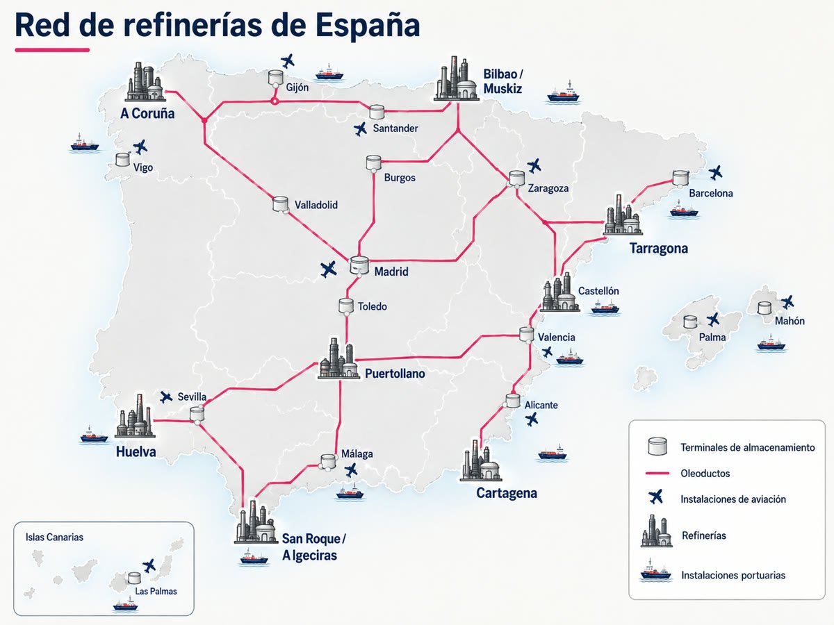 Mapa de la red de refinerías y oleoductos de España