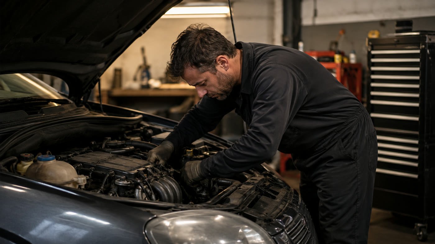 Mecánico revisando el motor de un compacto de segunda mano antes de comprarlo